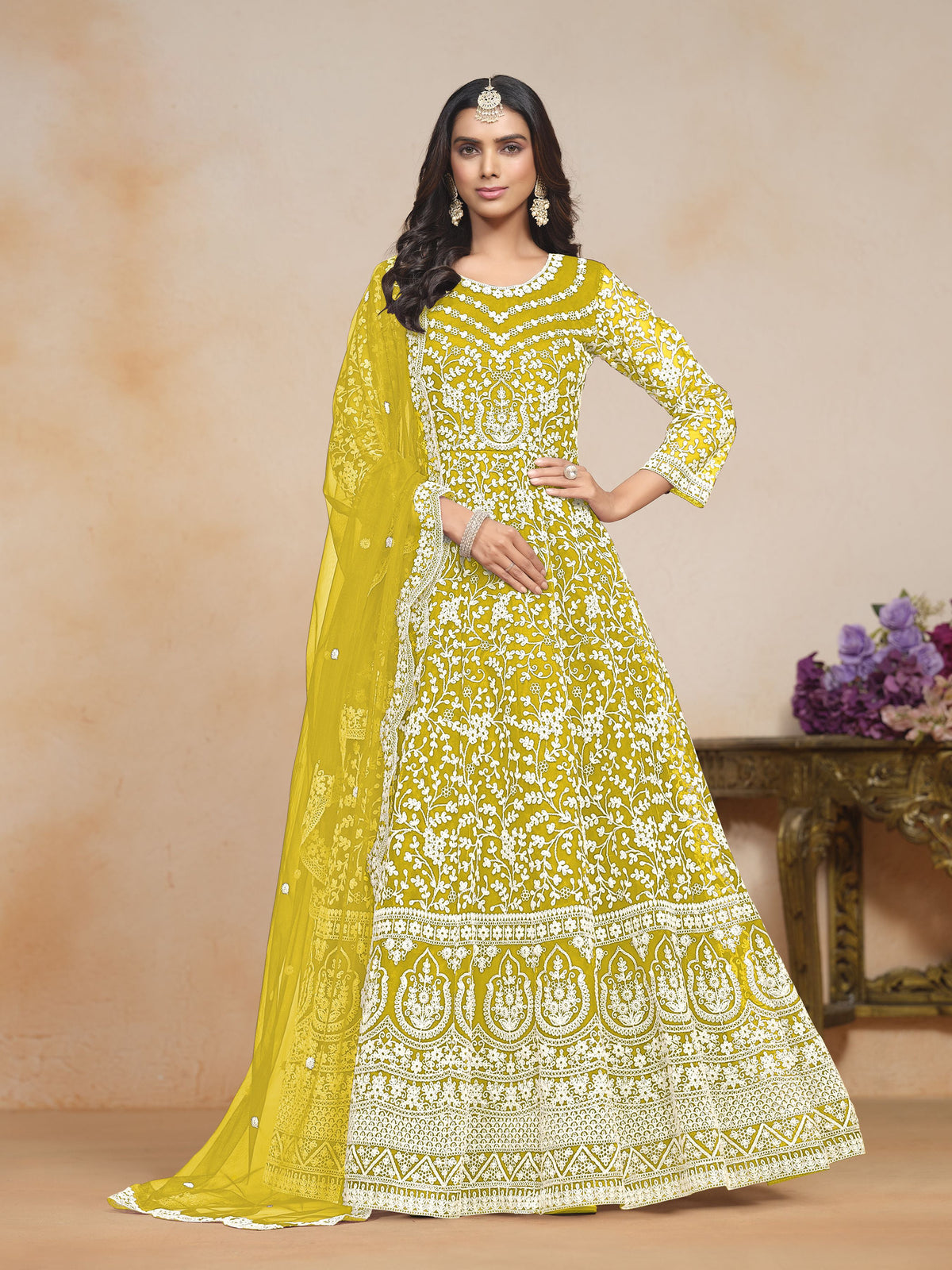 Lime Net Embroidered  Anarkali Kurti With Pant Dupatta