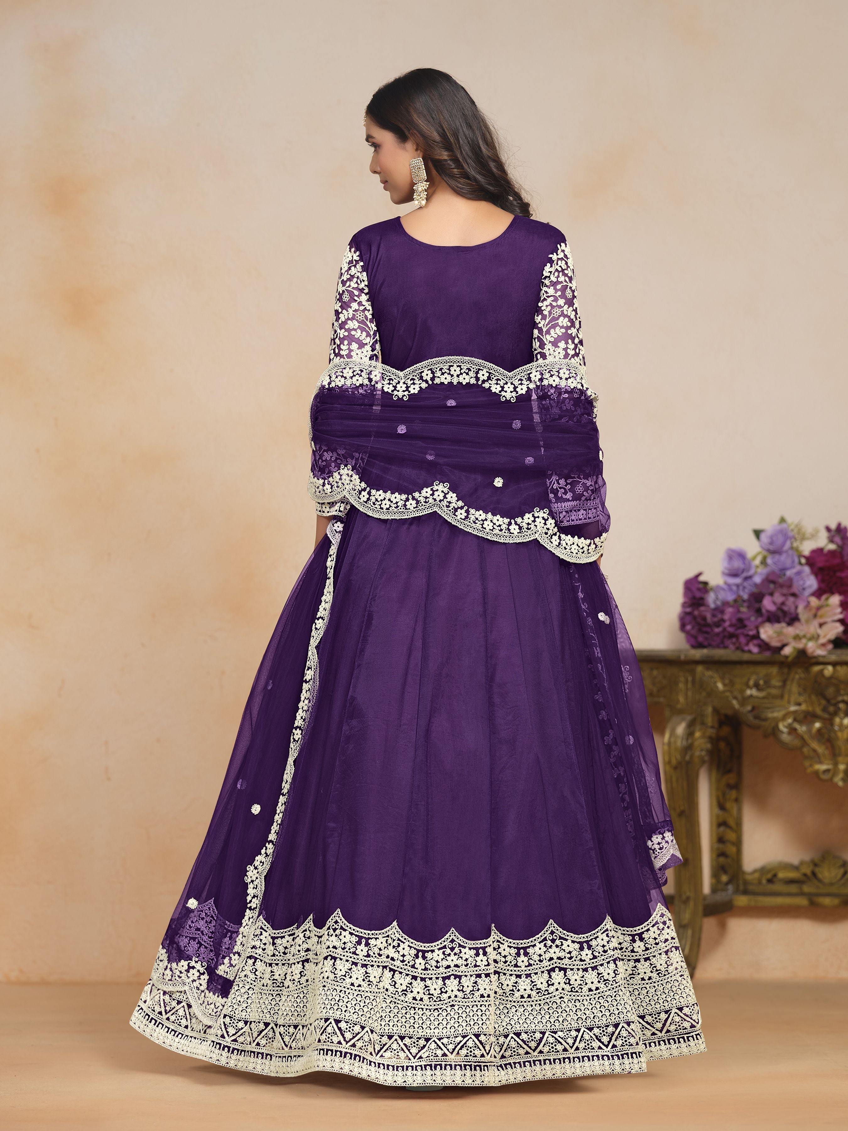 Purple Net Embroidered  Anarkali Kurti With Pant Dupatta