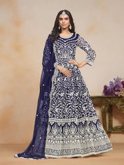 Blue Net Embroidered  Anarkali Kurti With Pant Dupatta