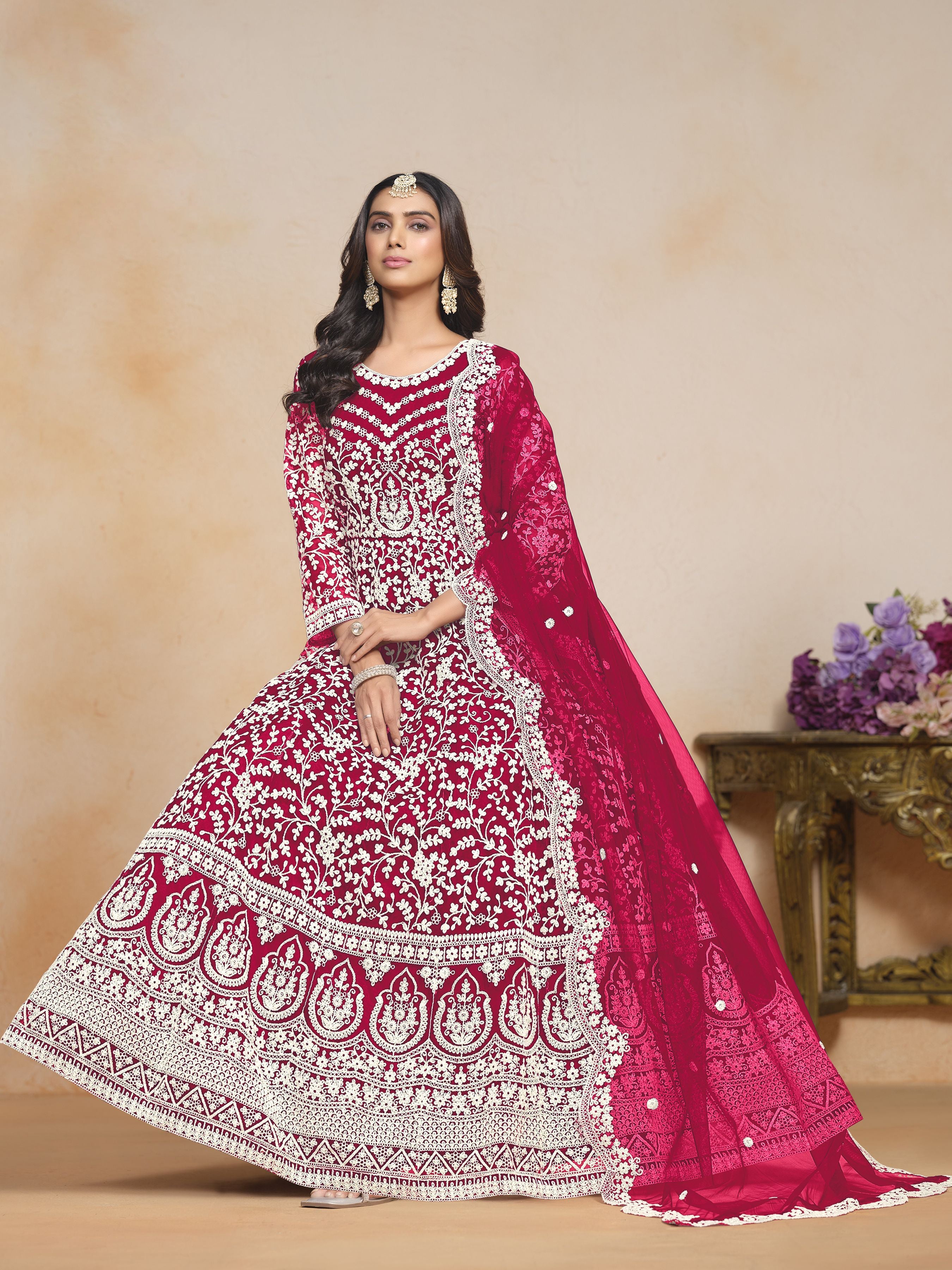 Pink Net Embroidered  Anarkali Kurti With Pant Dupatta