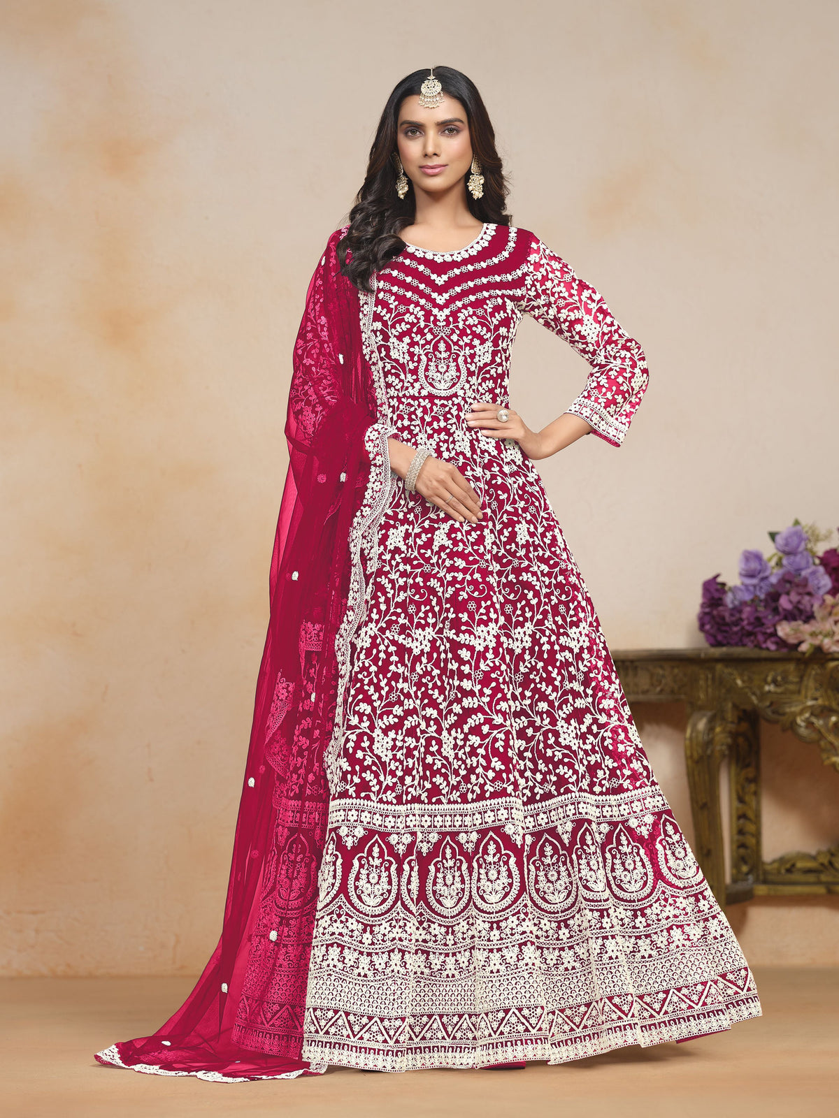 Pink Net Embroidered  Anarkali Kurti With Pant Dupatta