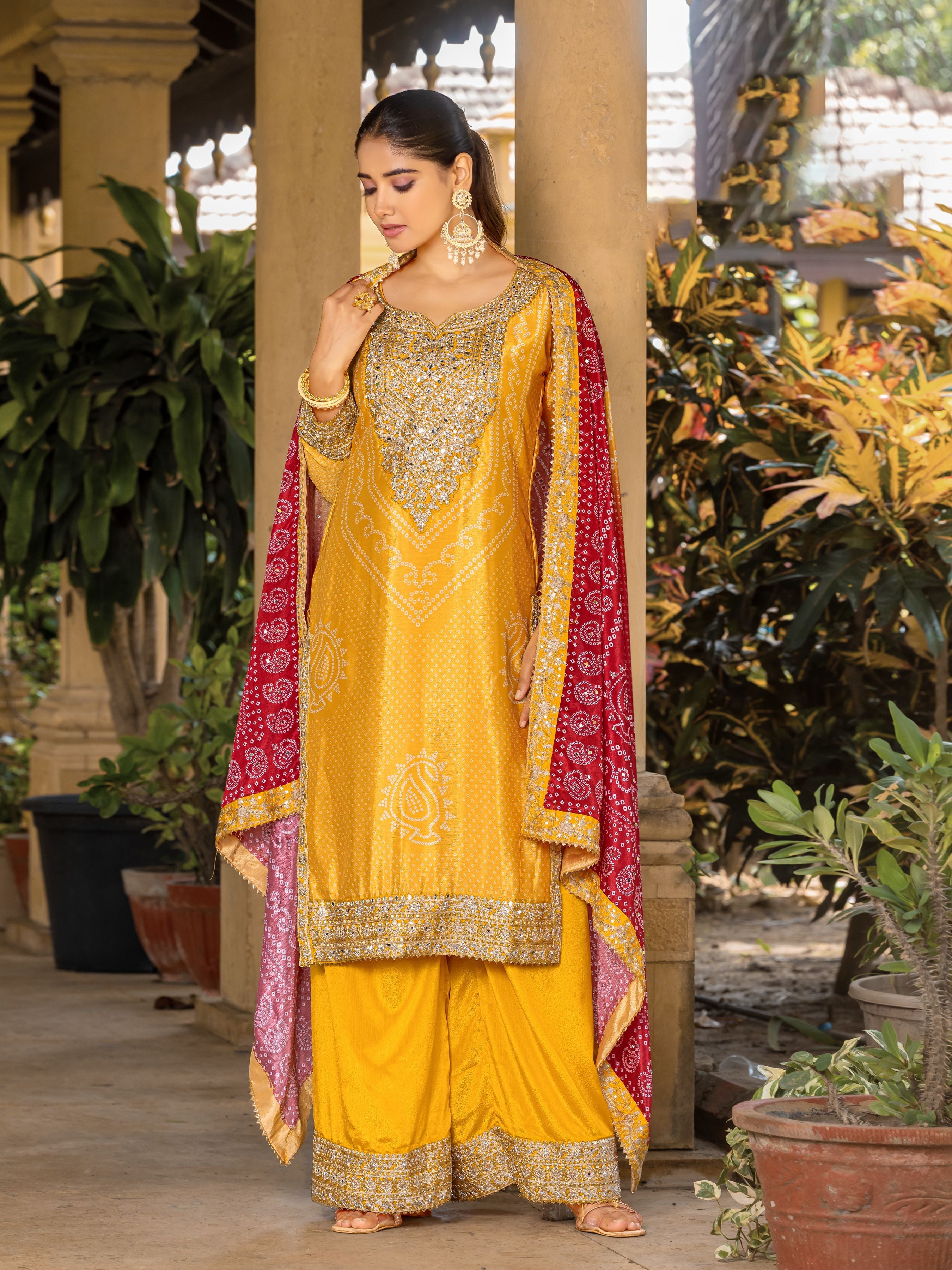 Yellow Chinon Bandhani Embroidered  Kurti With Sharara Dupatta