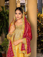 Yellow Chinon Bandhani Embroidered  Kurti With Sharara Dupatta