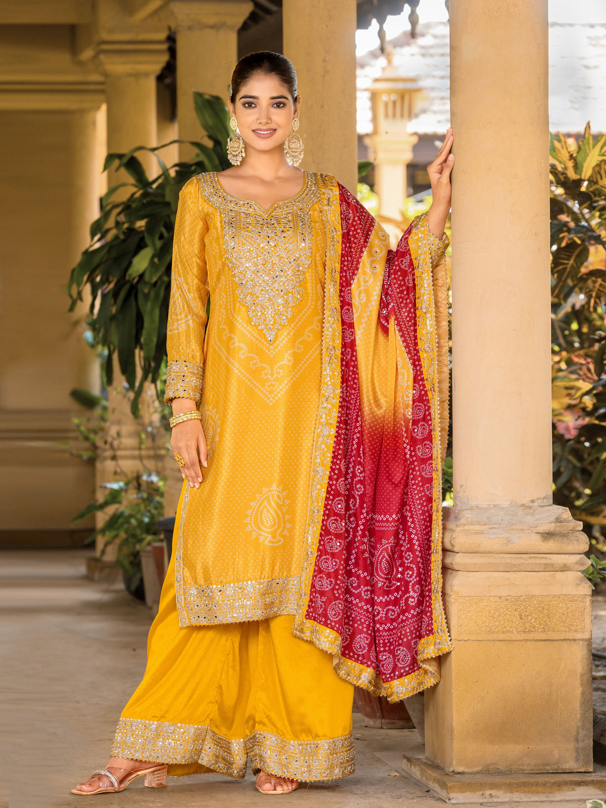 Yellow Chinon Bandhani Embroidered  Kurti With Sharara Dupatta