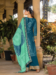 Teal Chinon Bandhani Embroidered  Kurti With Sharara Dupatta