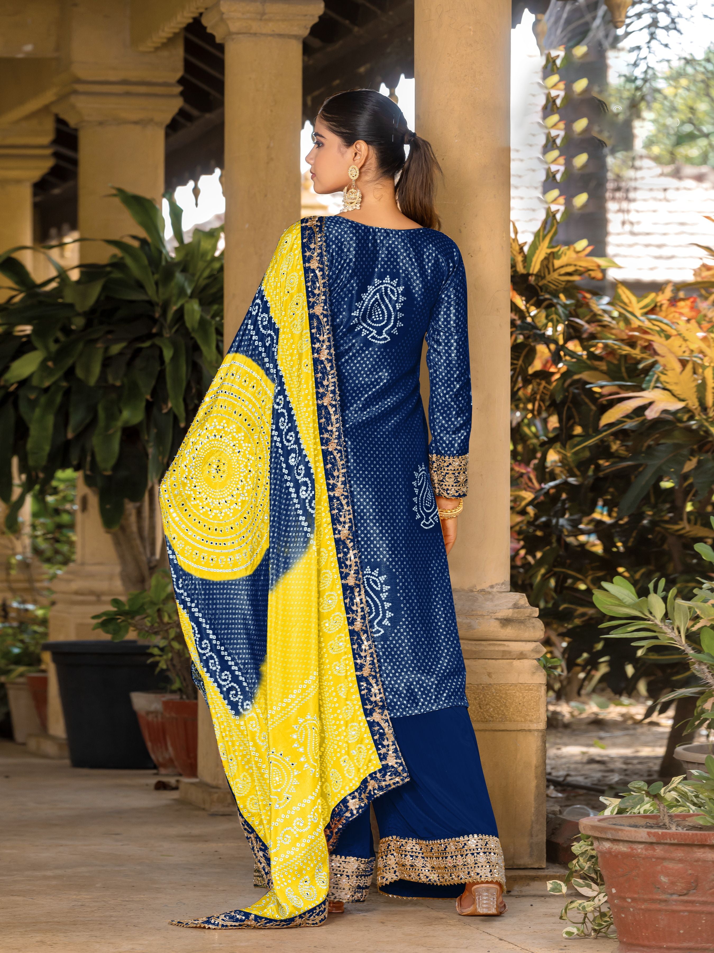 Blue Chinon Bandhani Embroidered  Kurti Sharara Dupatta