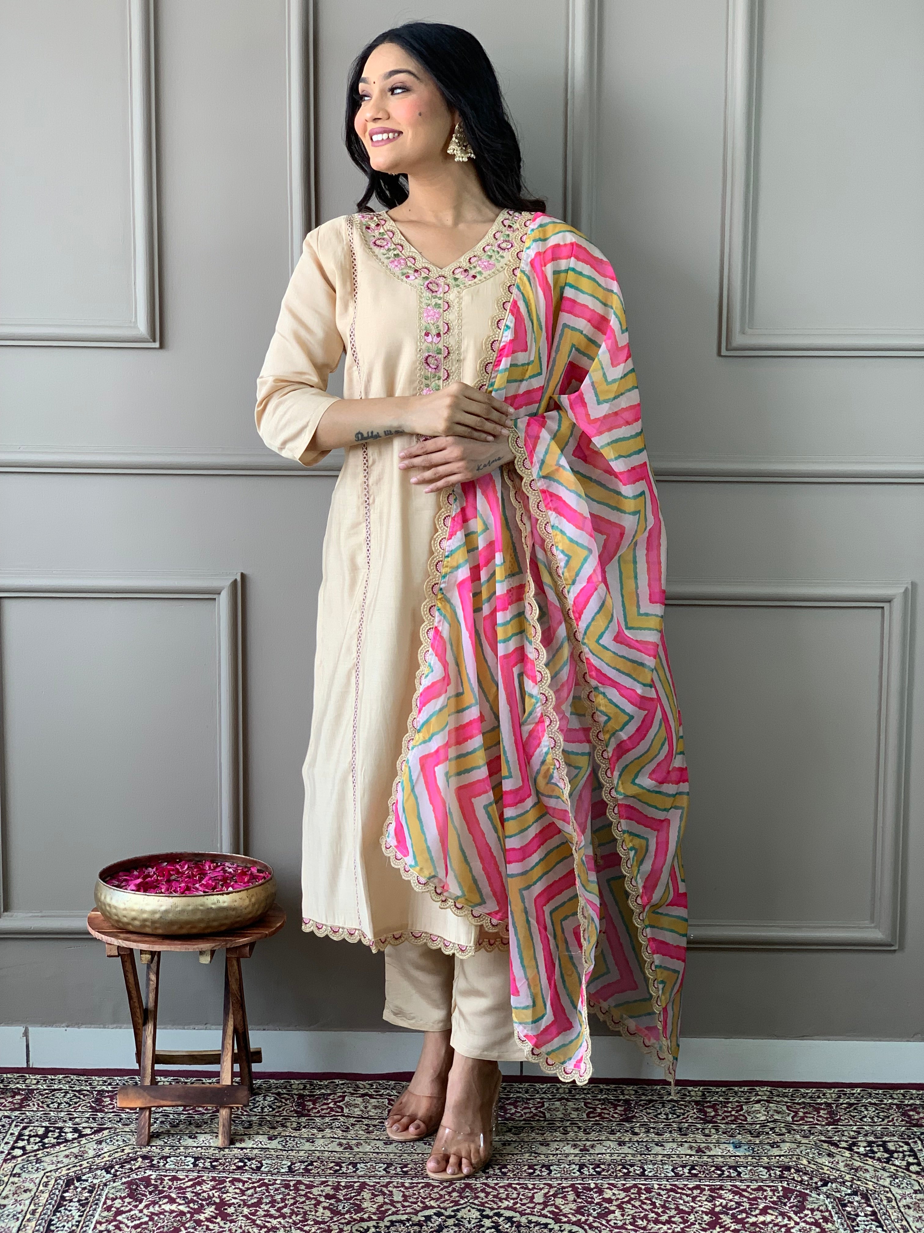 Beige Viscose Chanderi Embroidered  Kurti With Pant Dupatta