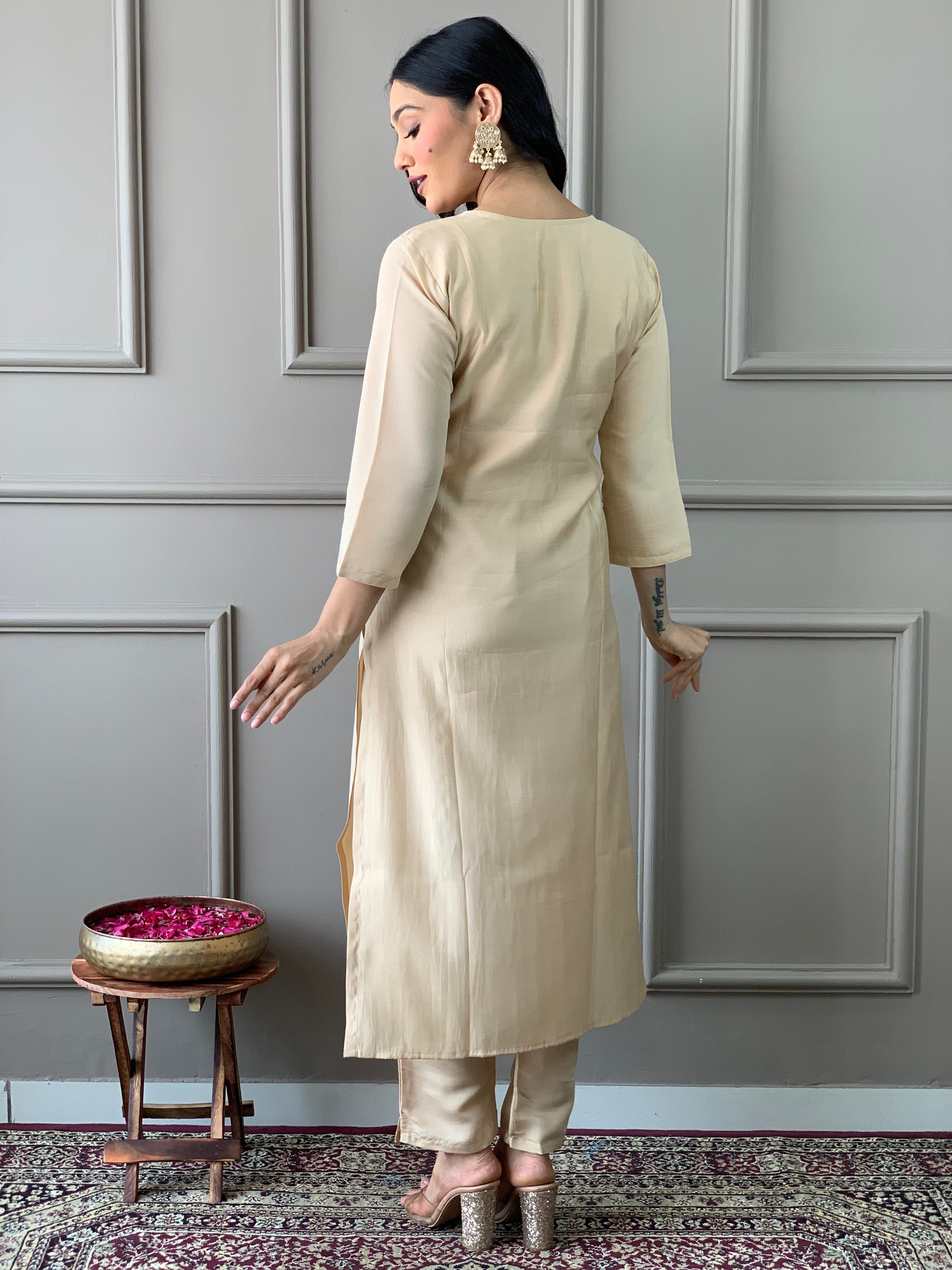 Beige Viscose Chanderi Embroidered  Kurti With Pant Dupatta