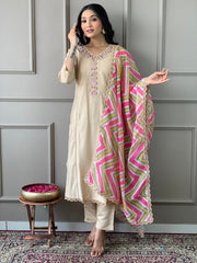 Beige Viscose Chanderi Embroidered  Kurti With Pant Dupatta