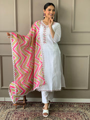 White Viscose Chanderi Embroidered  Kurti  Pant Dupatta