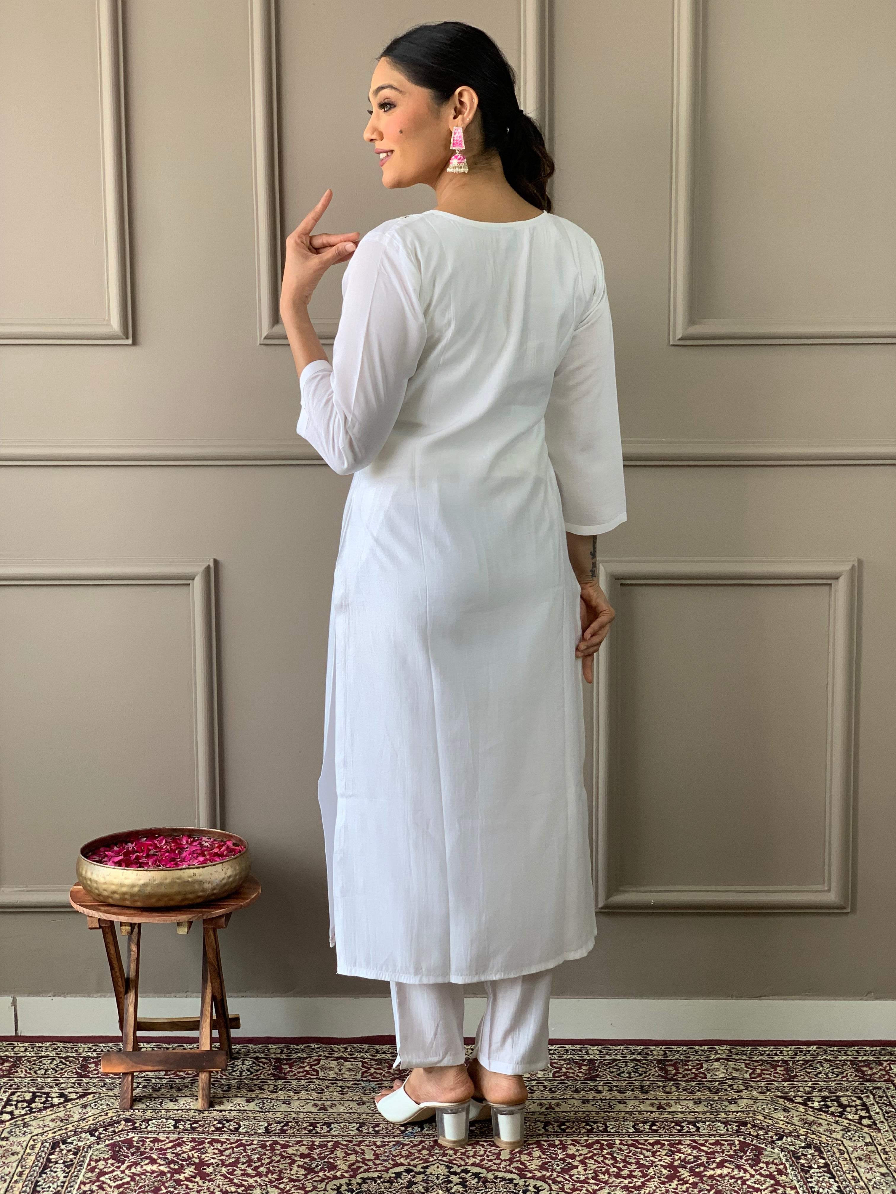 White Viscose Chanderi Embroidered  Kurti  Pant Dupatta