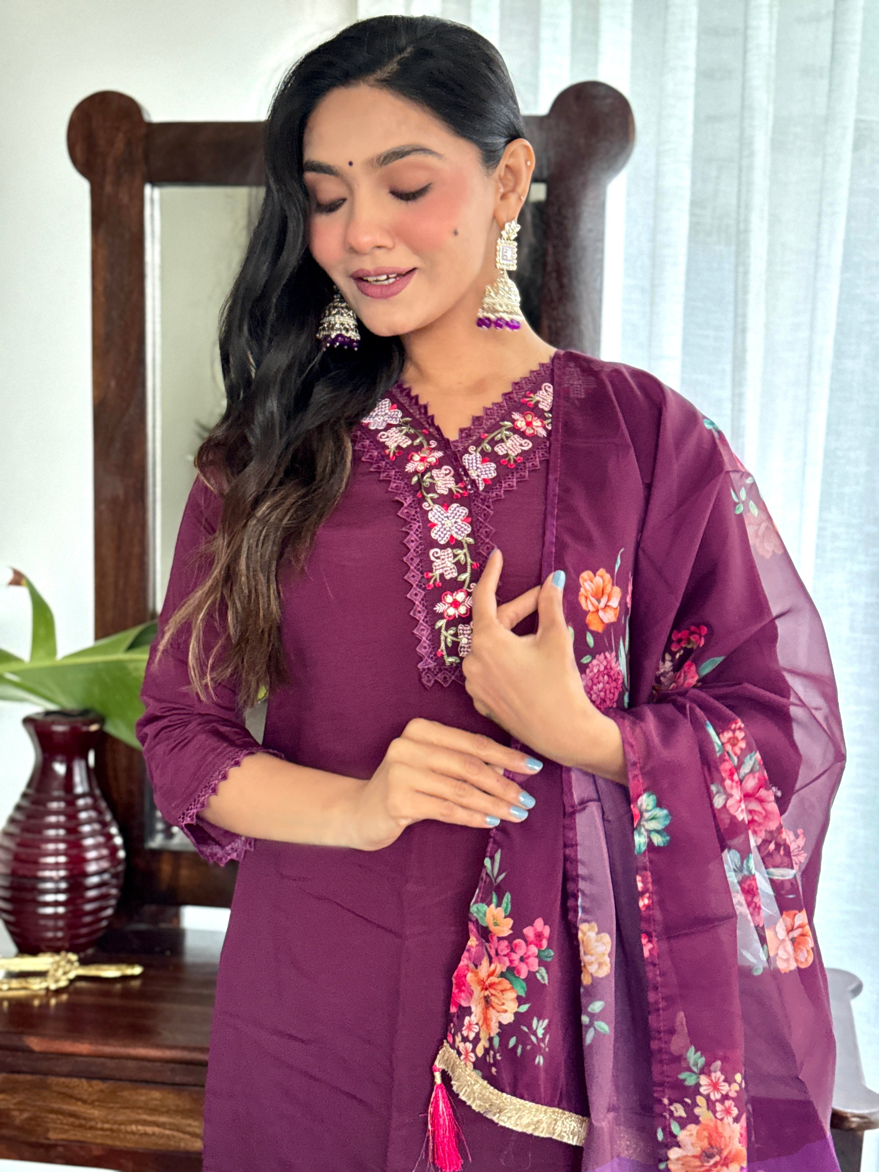 Burgundy Chanderi Embroidered  Kurti With Pant Dupatta