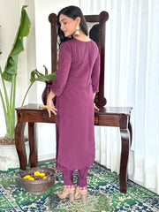 Burgundy Chanderi Embroidered  Kurti With Pant Dupatta