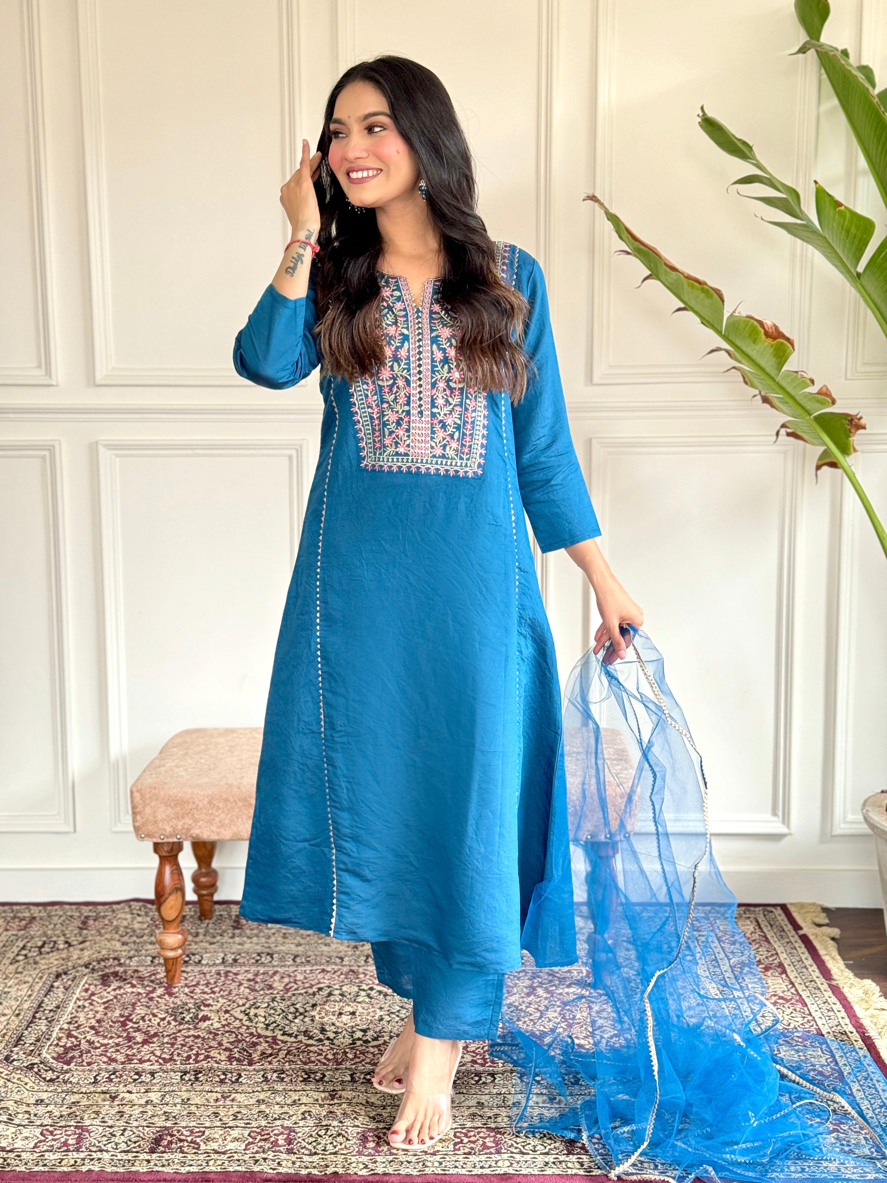 Teal Blue Viscose Chanderi Embroidered  Kurti Pant Dupatta