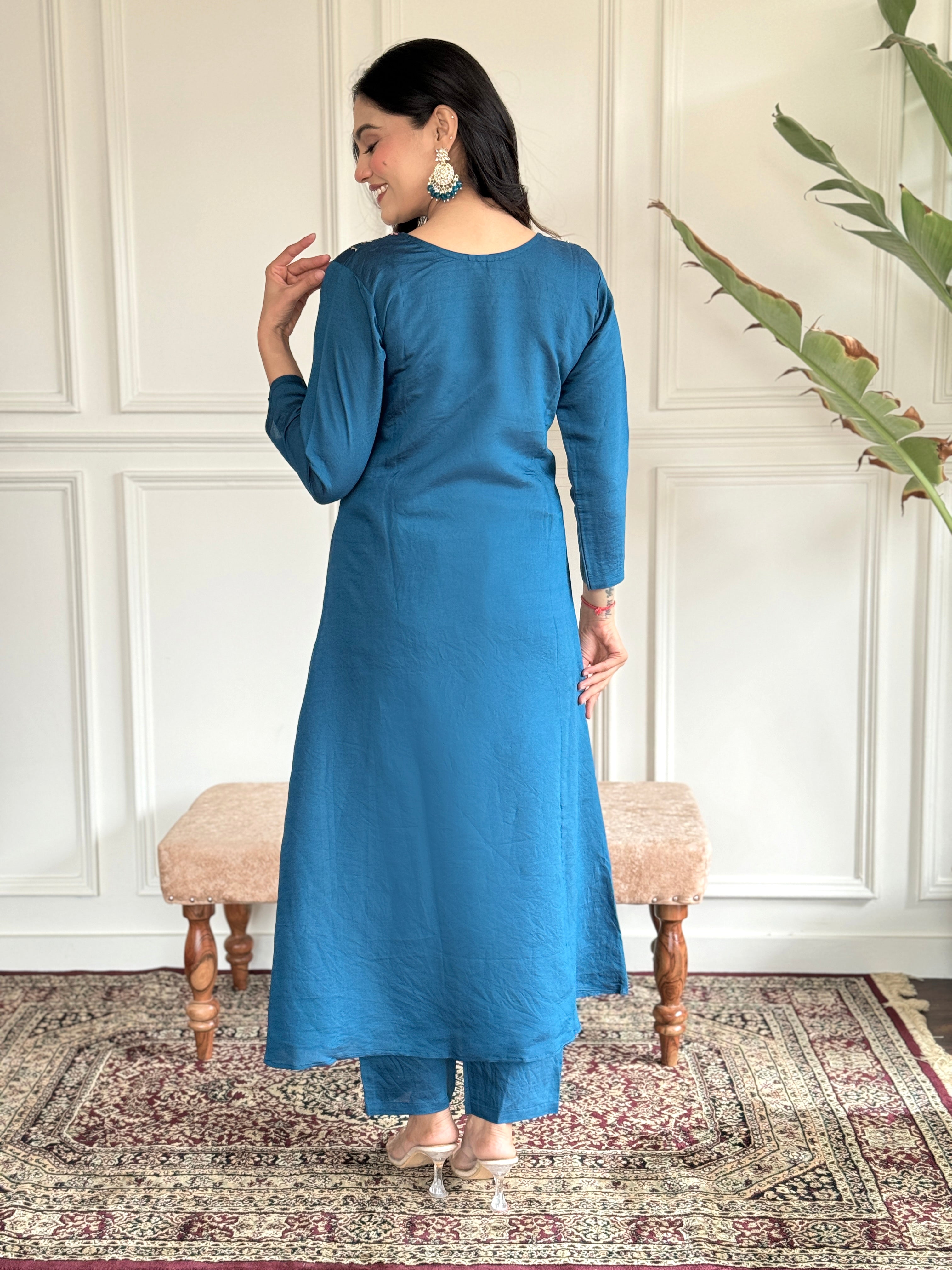 Teal Blue Viscose Chanderi Embroidered  Kurti Pant Dupatta