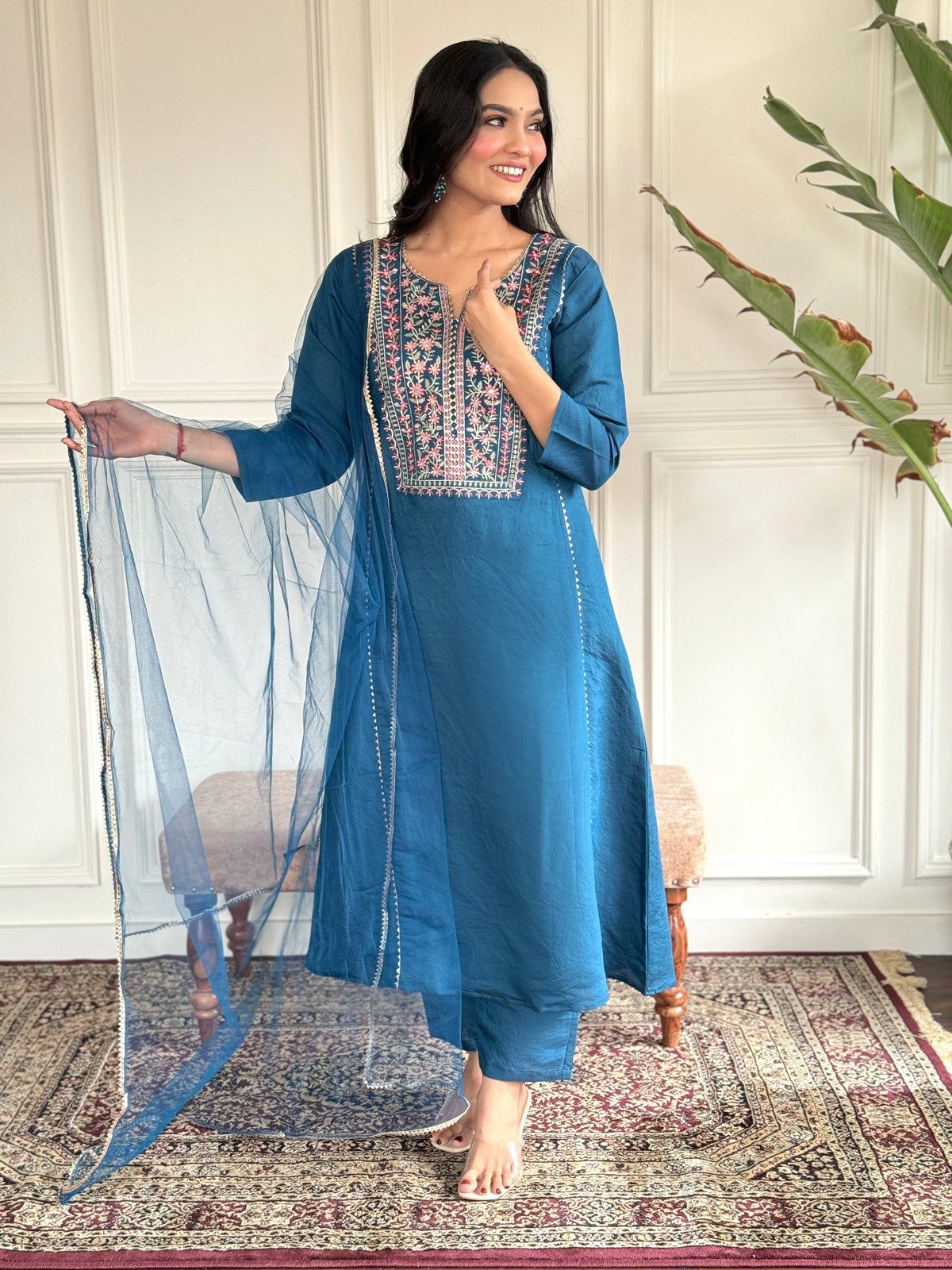 Teal Blue Viscose Chanderi Embroidered  Kurti Pant Dupatta