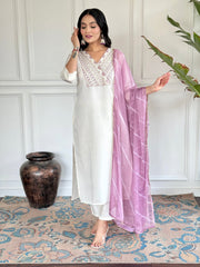 White  Chanderi Embroidered  Kurti With Pant Dupatta