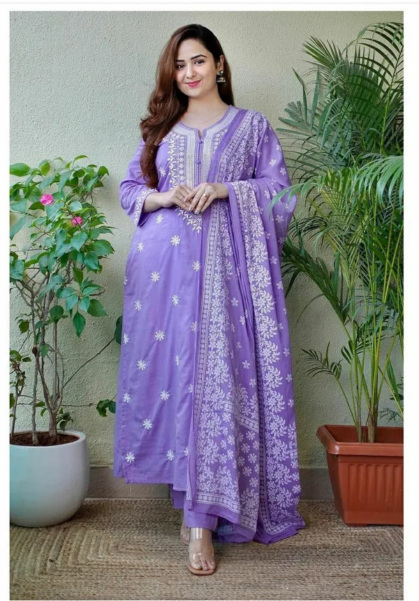 Lavender Cotton Embroidered  Kurti With Pant Dupatta