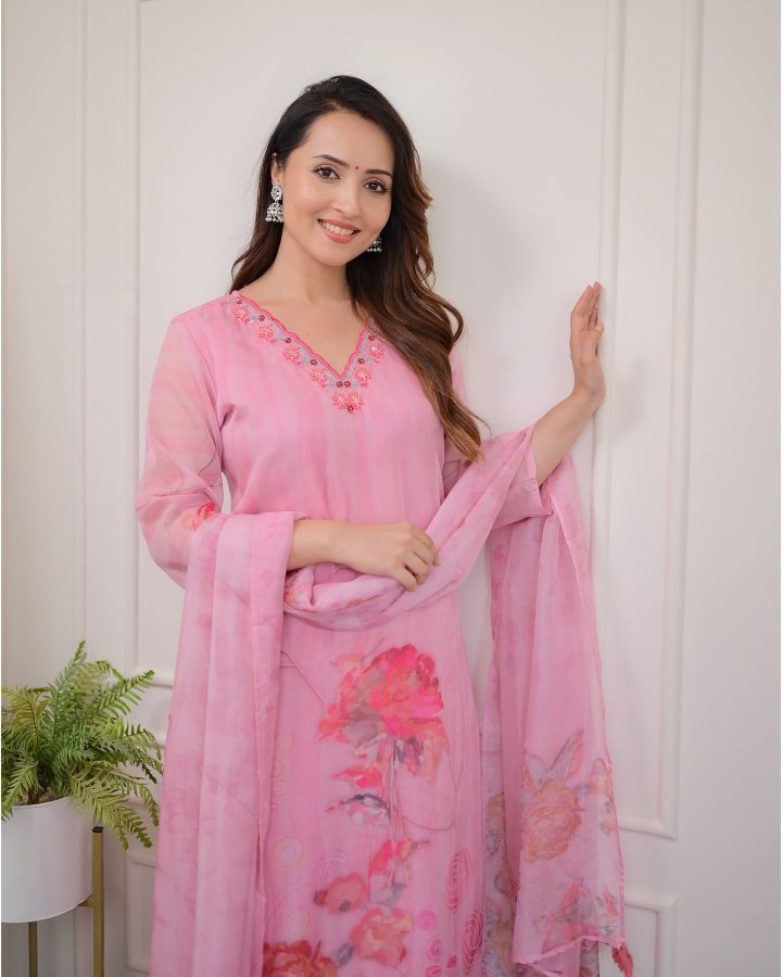 Pink Organza Embroidered  Kurti With Pant Dupatta