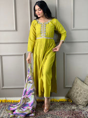 Lemon Viscose Chanderi Embroidered  Kurti With Pant Dupatta