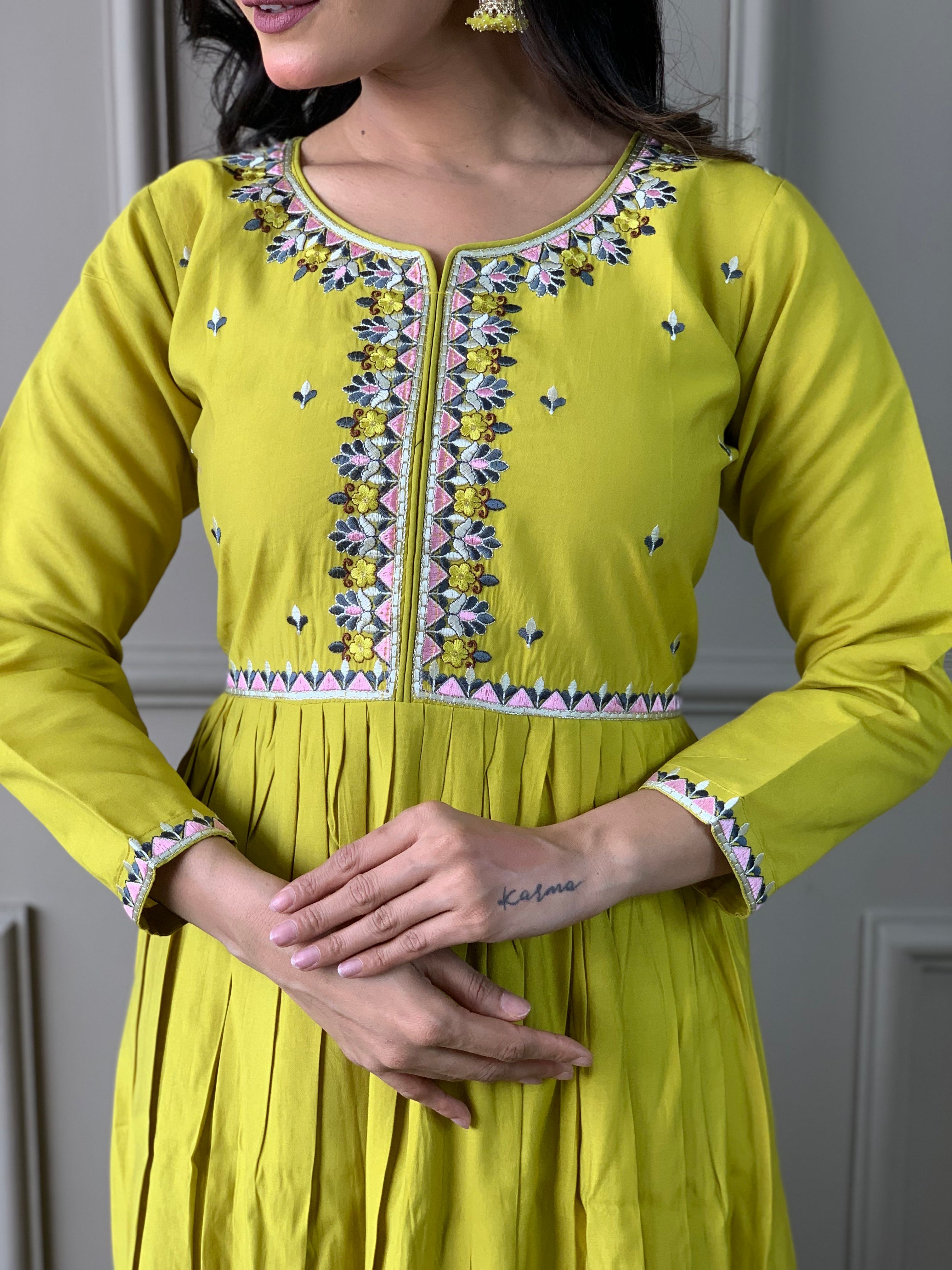 Lemon Viscose Chanderi Embroidered  Kurti With Pant Dupatta