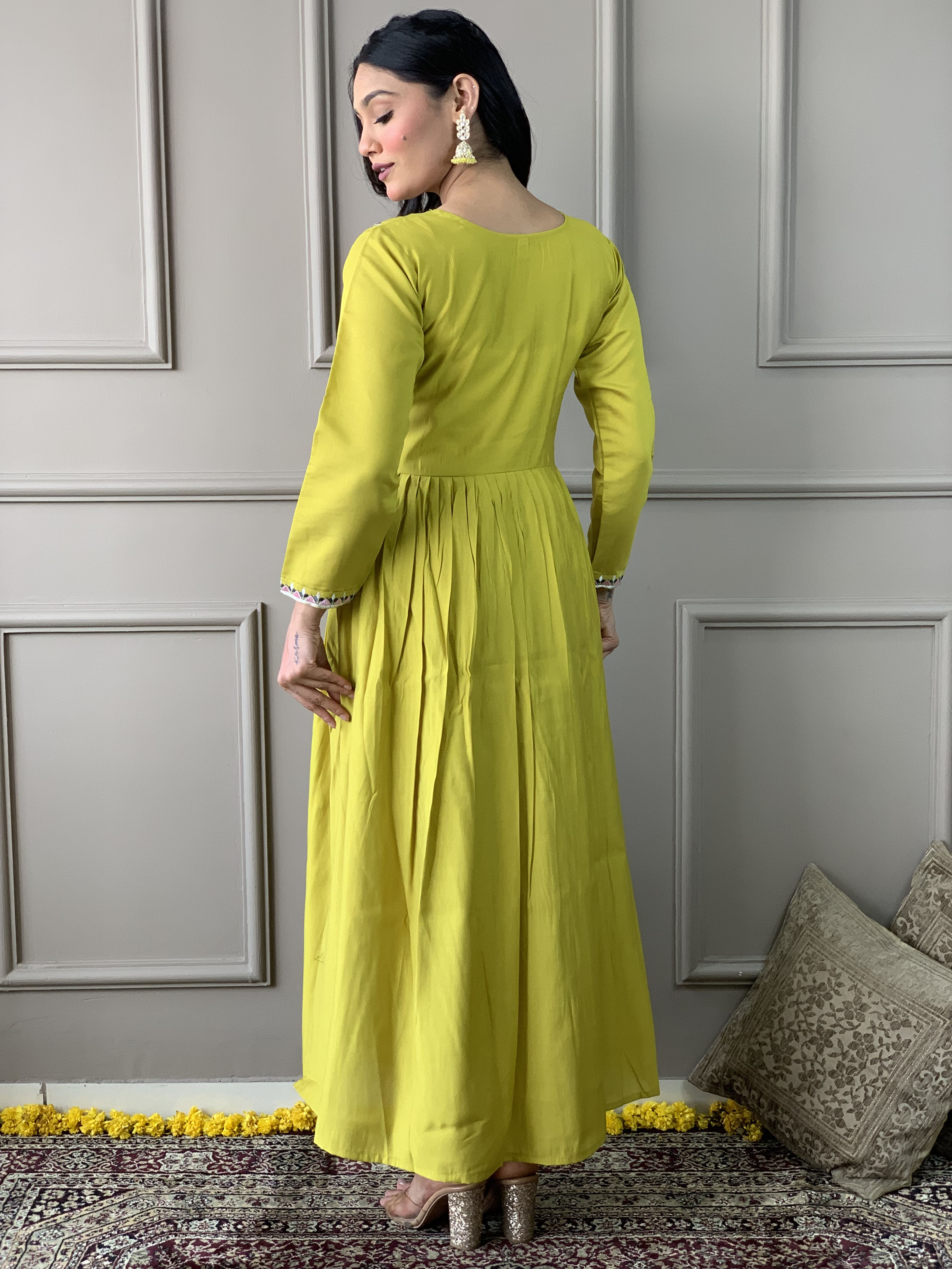 Lemon Viscose Chanderi Embroidered  Kurti With Pant Dupatta