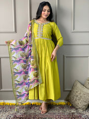 Lemon Viscose Chanderi Embroidered  Kurti With Pant Dupatta