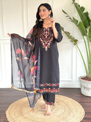 Black Chanderi Embroidered  Kurti With Pant Dupatta