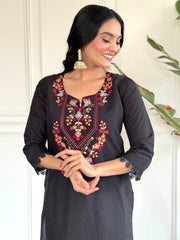 Black Chanderi Embroidered  Kurti With Pant Dupatta