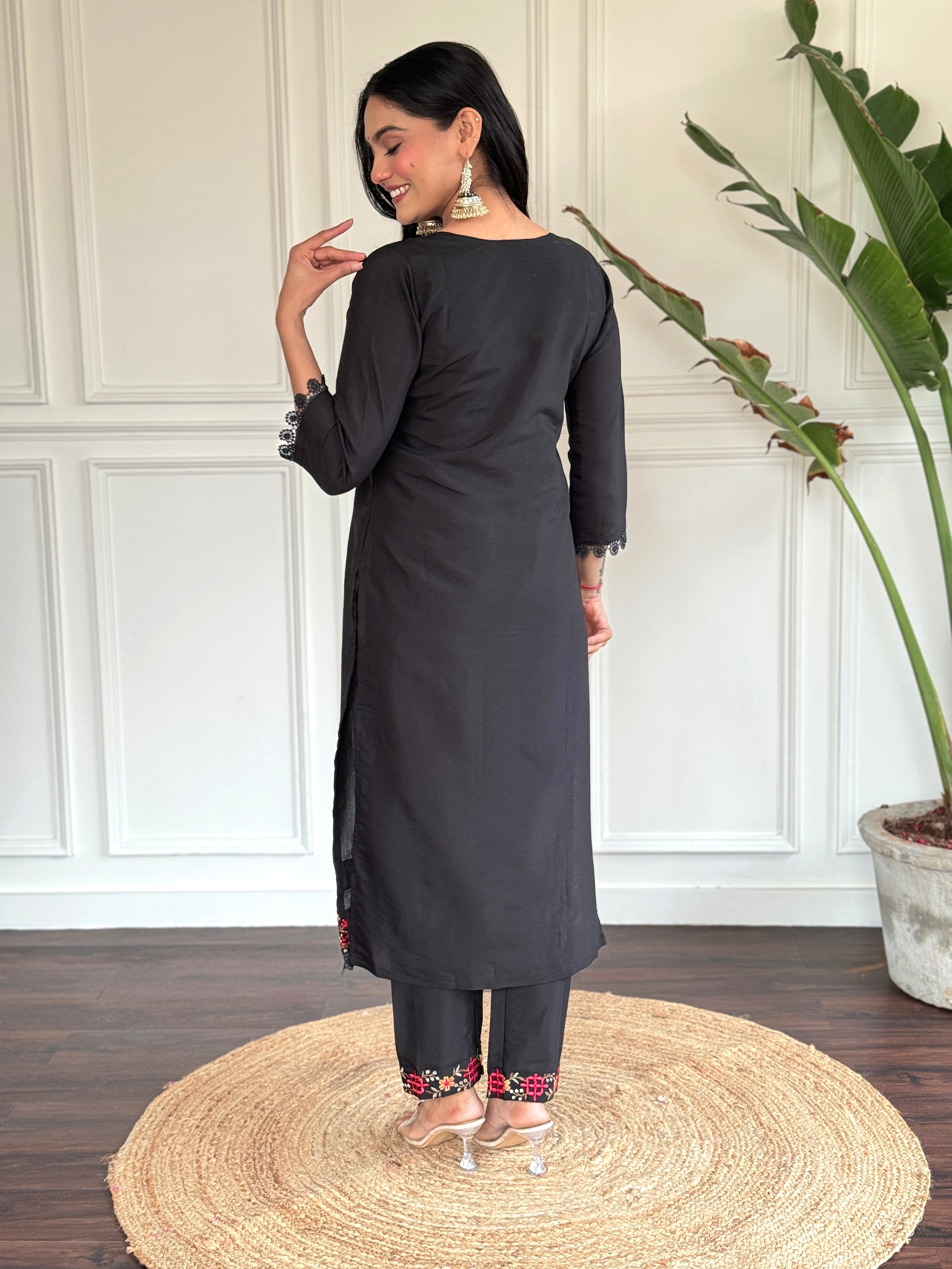 Black Chanderi Embroidered  Kurti With Pant Dupatta