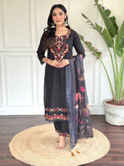 Black Chanderi Embroidered  Kurti With Pant Dupatta