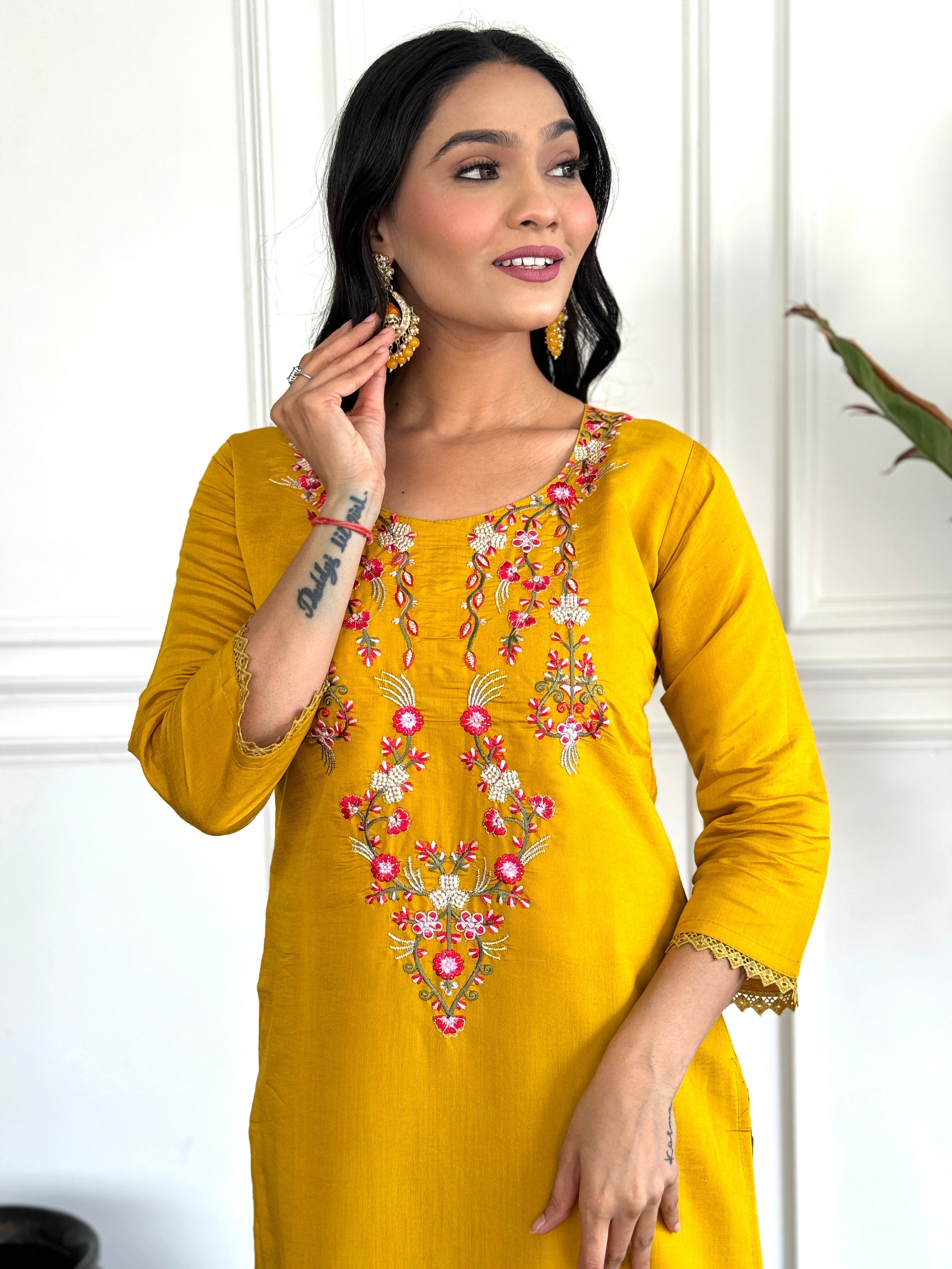 Mustard Chanderi Embroidered  Haldi Special Kurti With Pant Dupatta