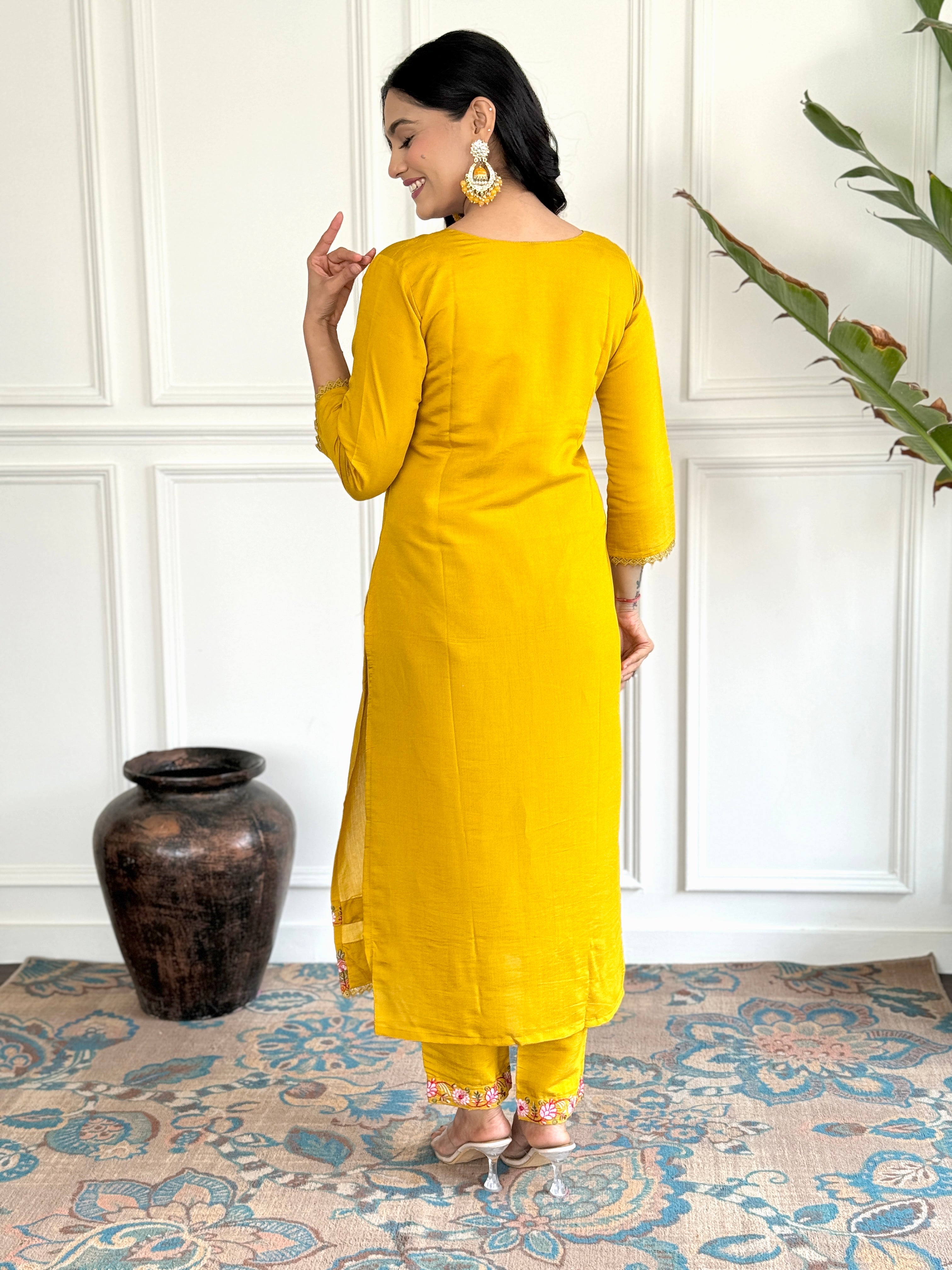 Mustard Chanderi Embroidered  Haldi Special Kurti With Pant Dupatta