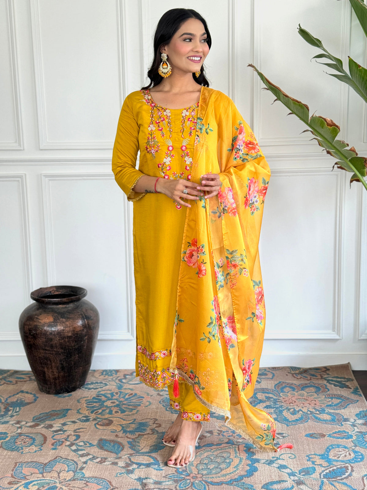 Mustard Chanderi Embroidered  Haldi Special Kurti With Pant Dupatta