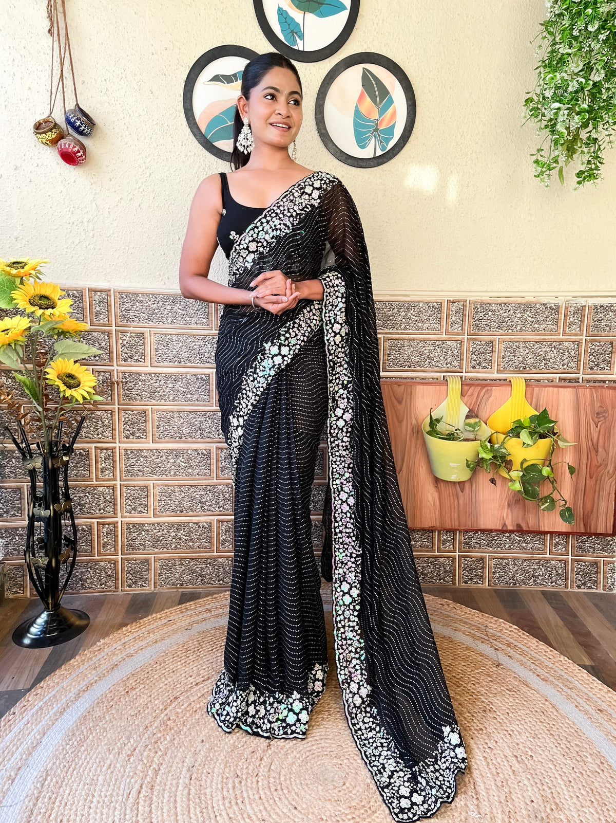 Black Georgette Sequins Embroidered Saree