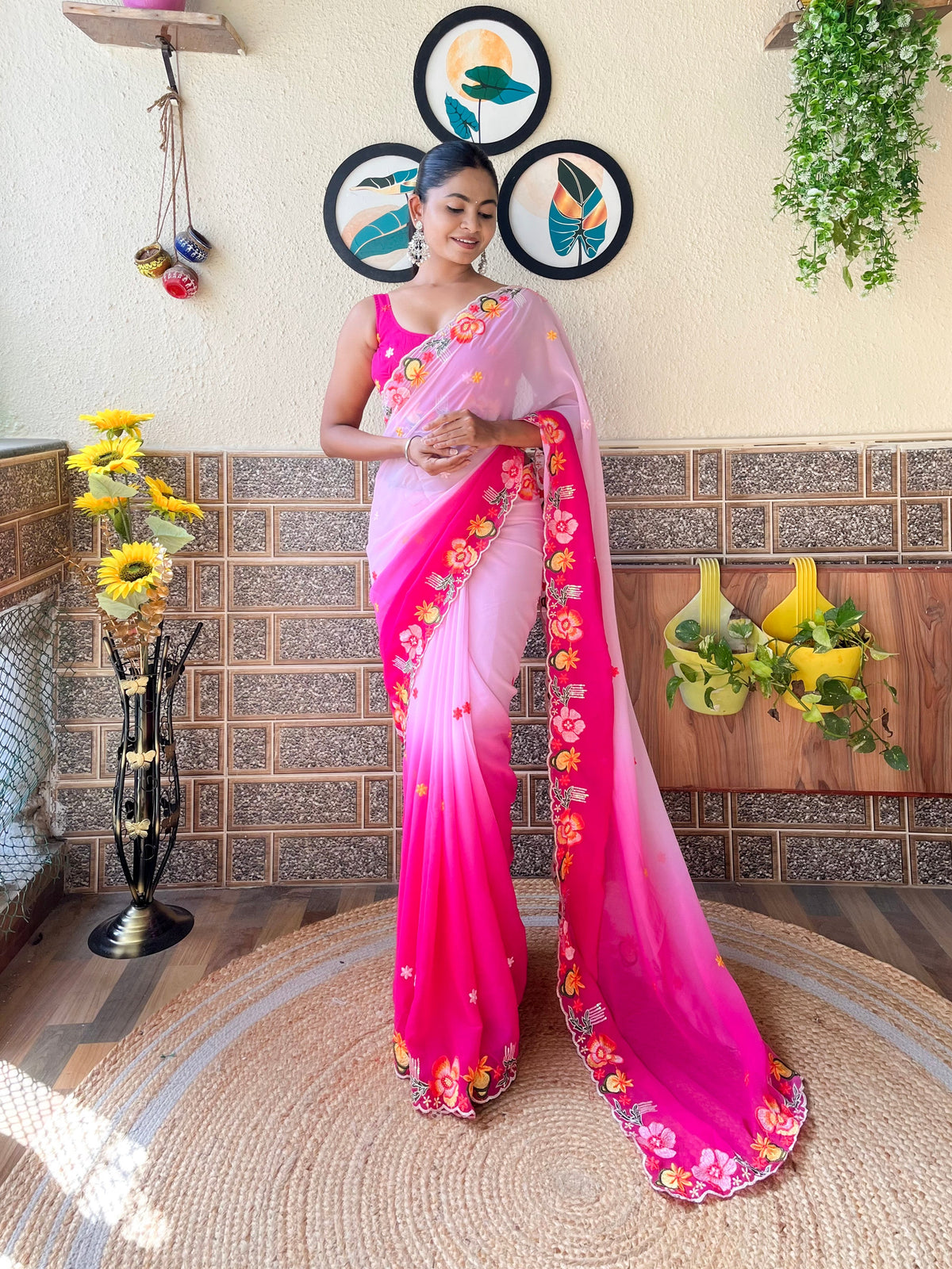 Pink Georgette Pedding Emroidered Saree