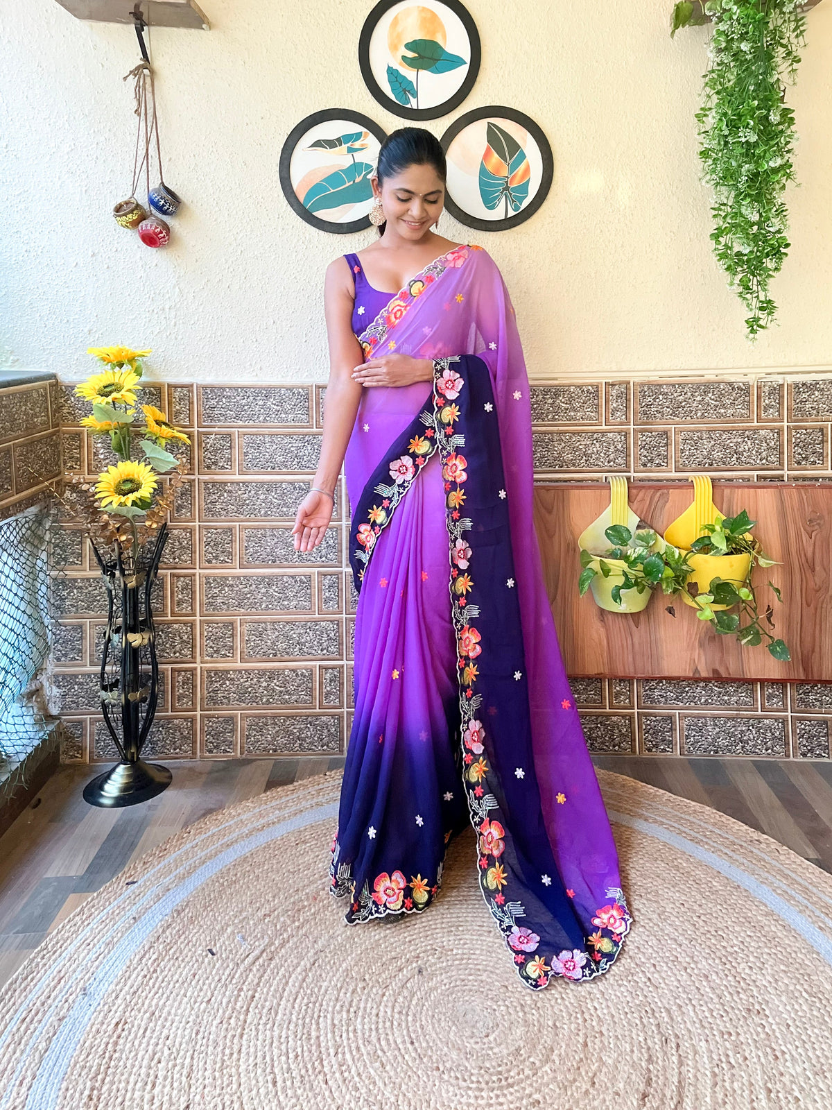 Purple Georgette Pedding Emroidered Saree