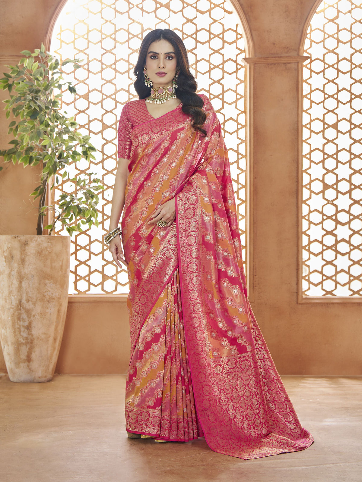 Pink Banarasi Silk Zari Woven Saree