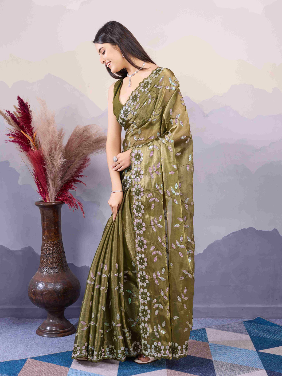 Green Burberry Silk Sequins Embroidered Saree