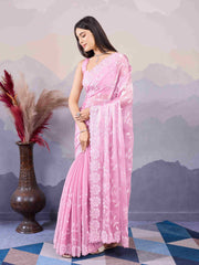 Pink Burberry Silk Sequins Embroidered Saree