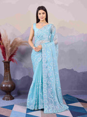 Sky Blue Burberry Silk Sequins Embroidered Saree