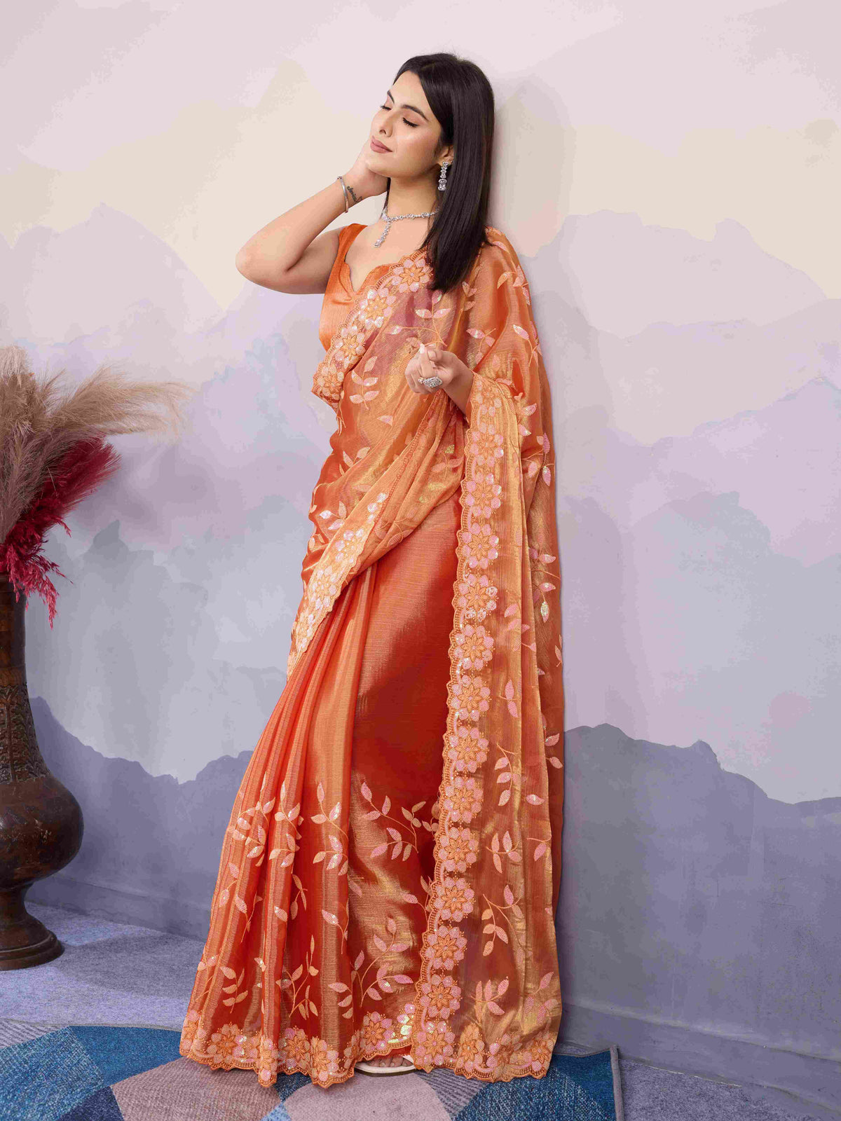 Orange Burberry Silk Sequins Embroidered Saree