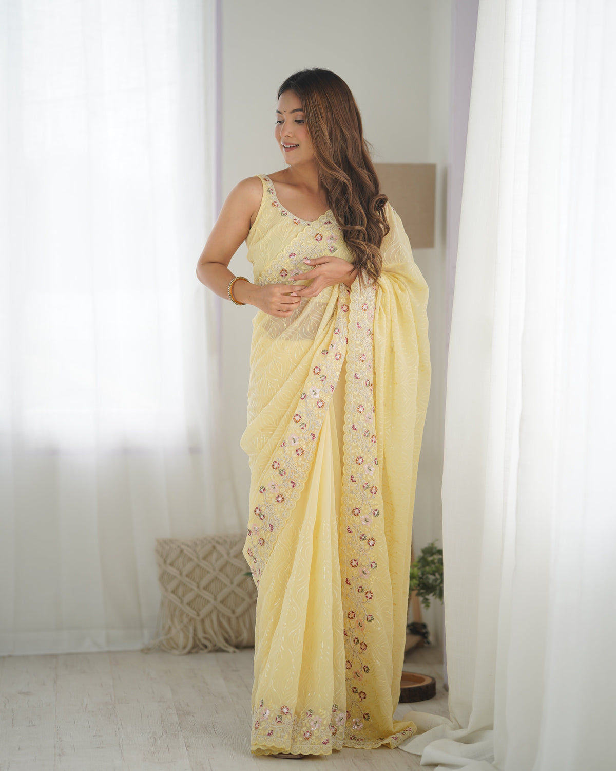 Yellow Georgette Coding Sequins Embroidered Saree