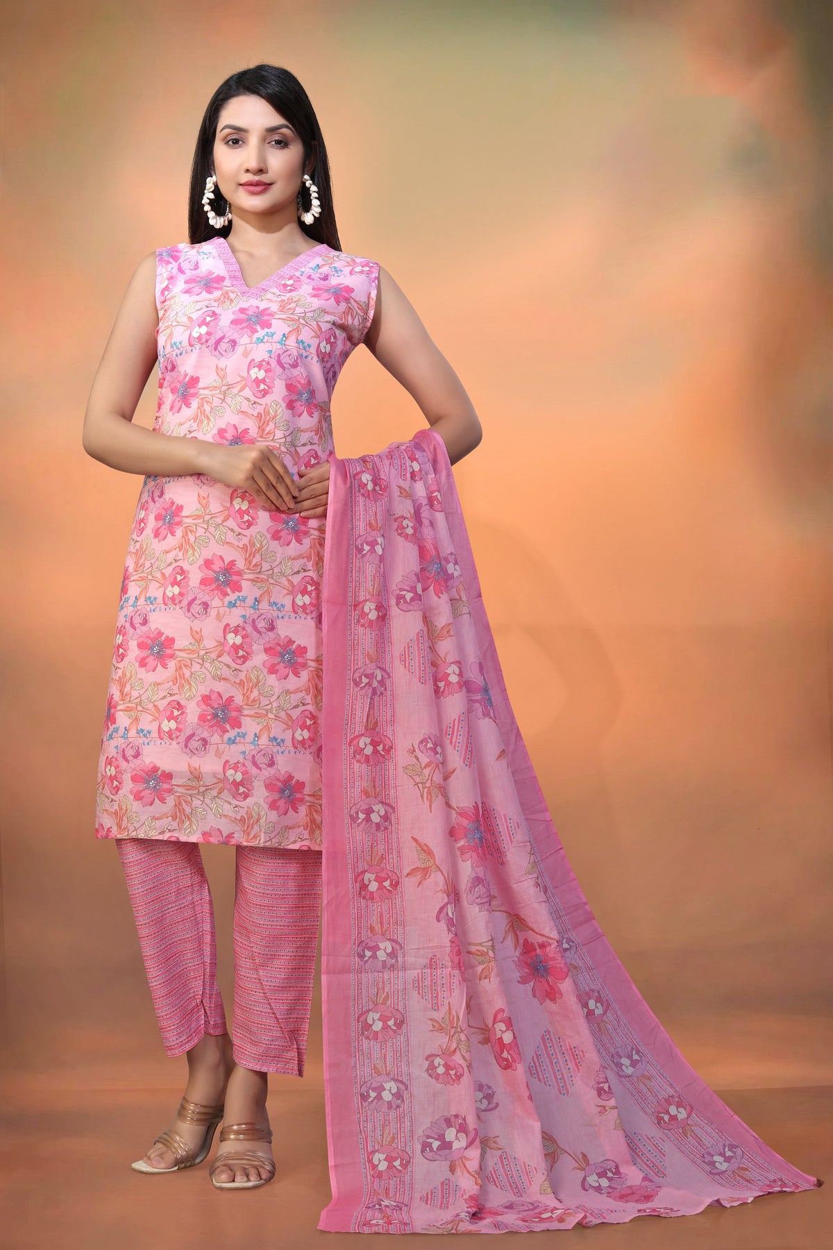 Pink Cambric Cotton Foil Printed  Kurti With Pant Dupatta