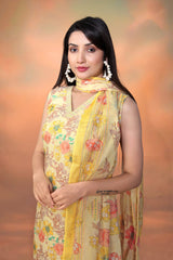 Yellow Cambric Cotton Foil Printed  Kurti With Pant Dupatta