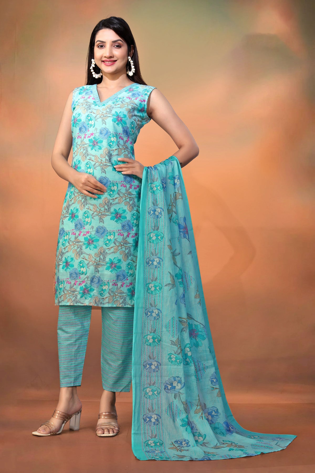 Blue Cambric Cotton Foil Printed  Kurti With Pant Dupatta