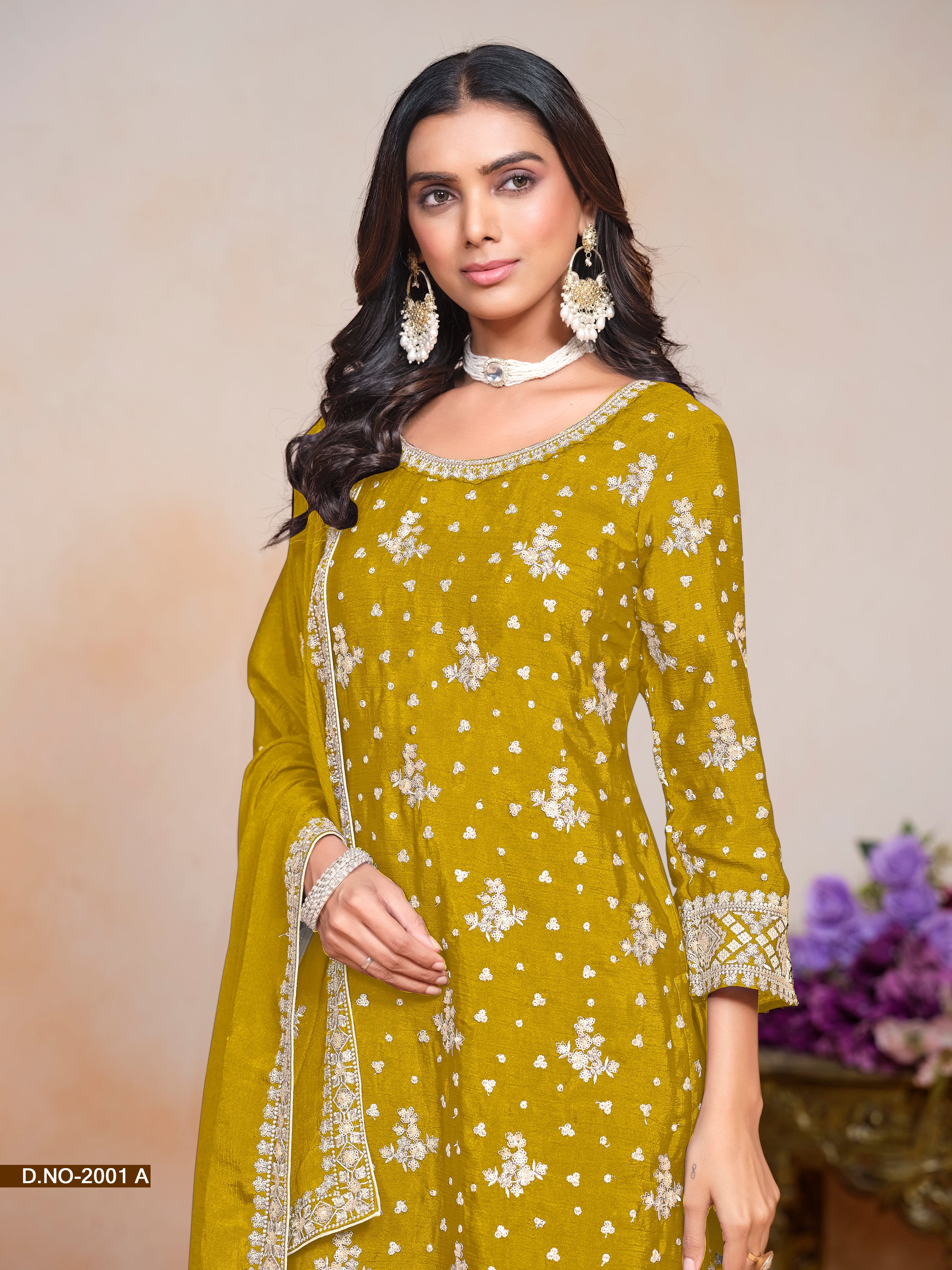 Yellow Chinon Sequins Embroidered  Kurti With Pant Dupatta