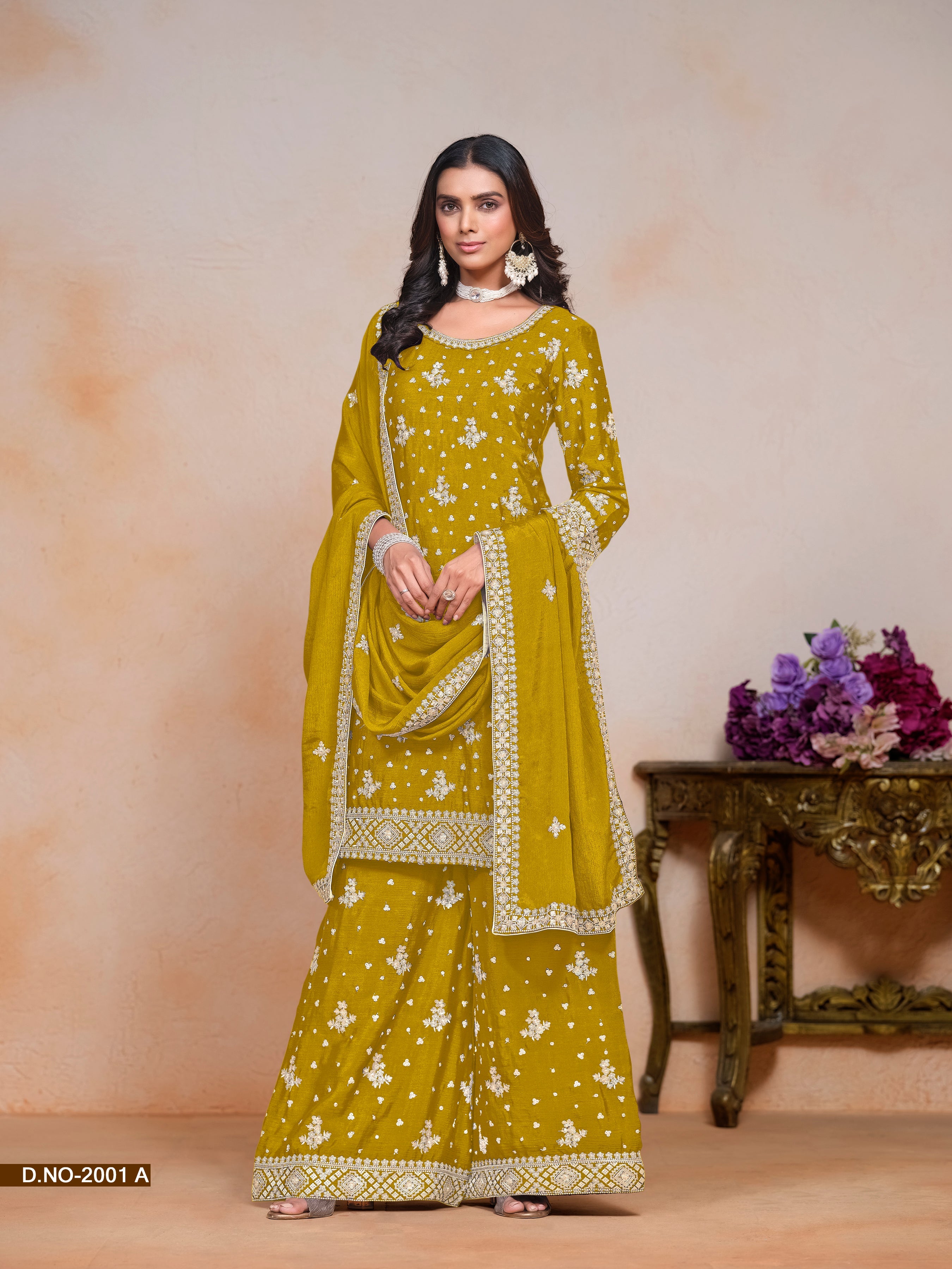 Yellow Chinon Sequins Embroidered  Kurti With Pant Dupatta