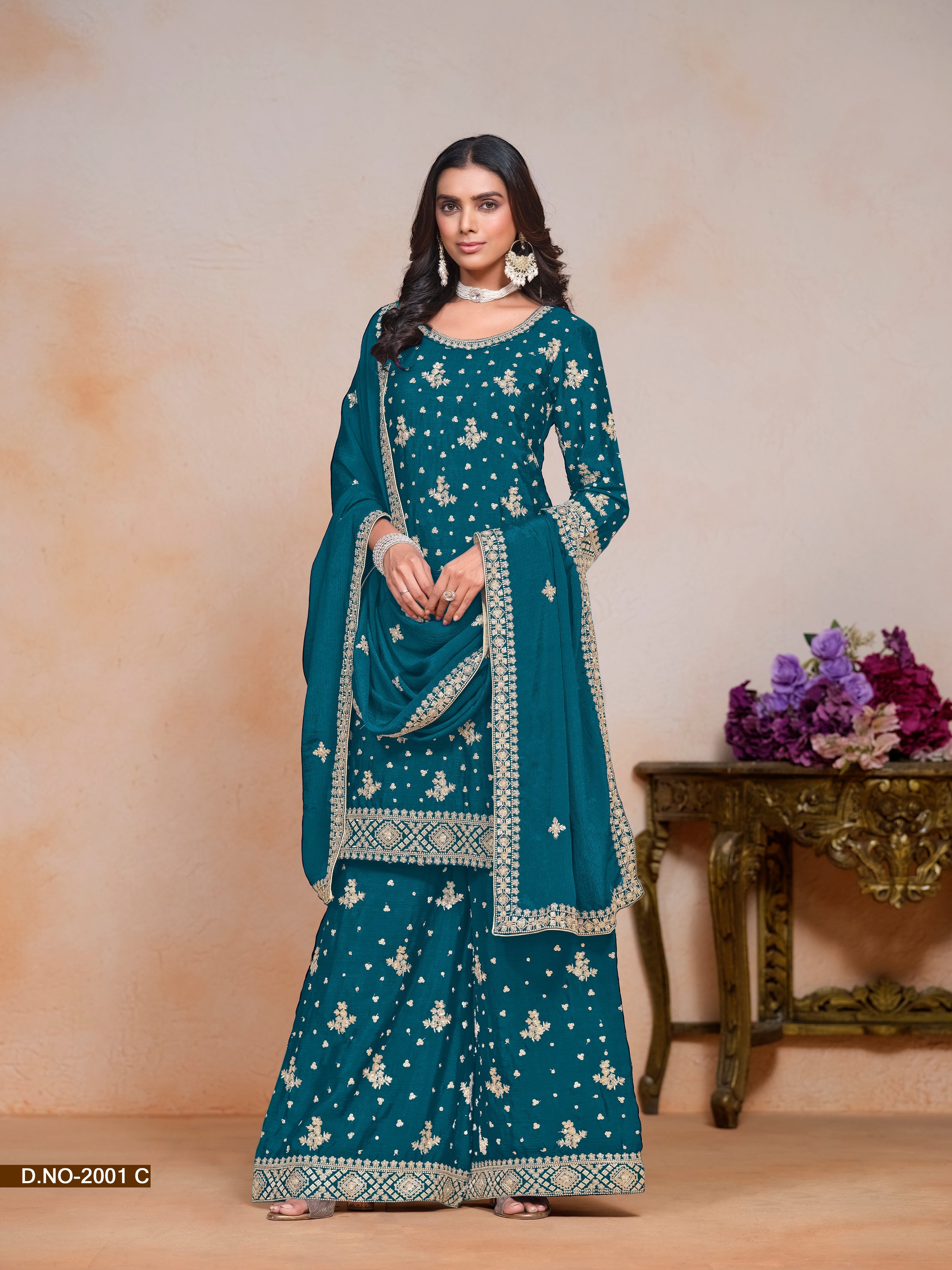 Teal Chinon Sequins Embroidered  Kurti With Pant Dupatta