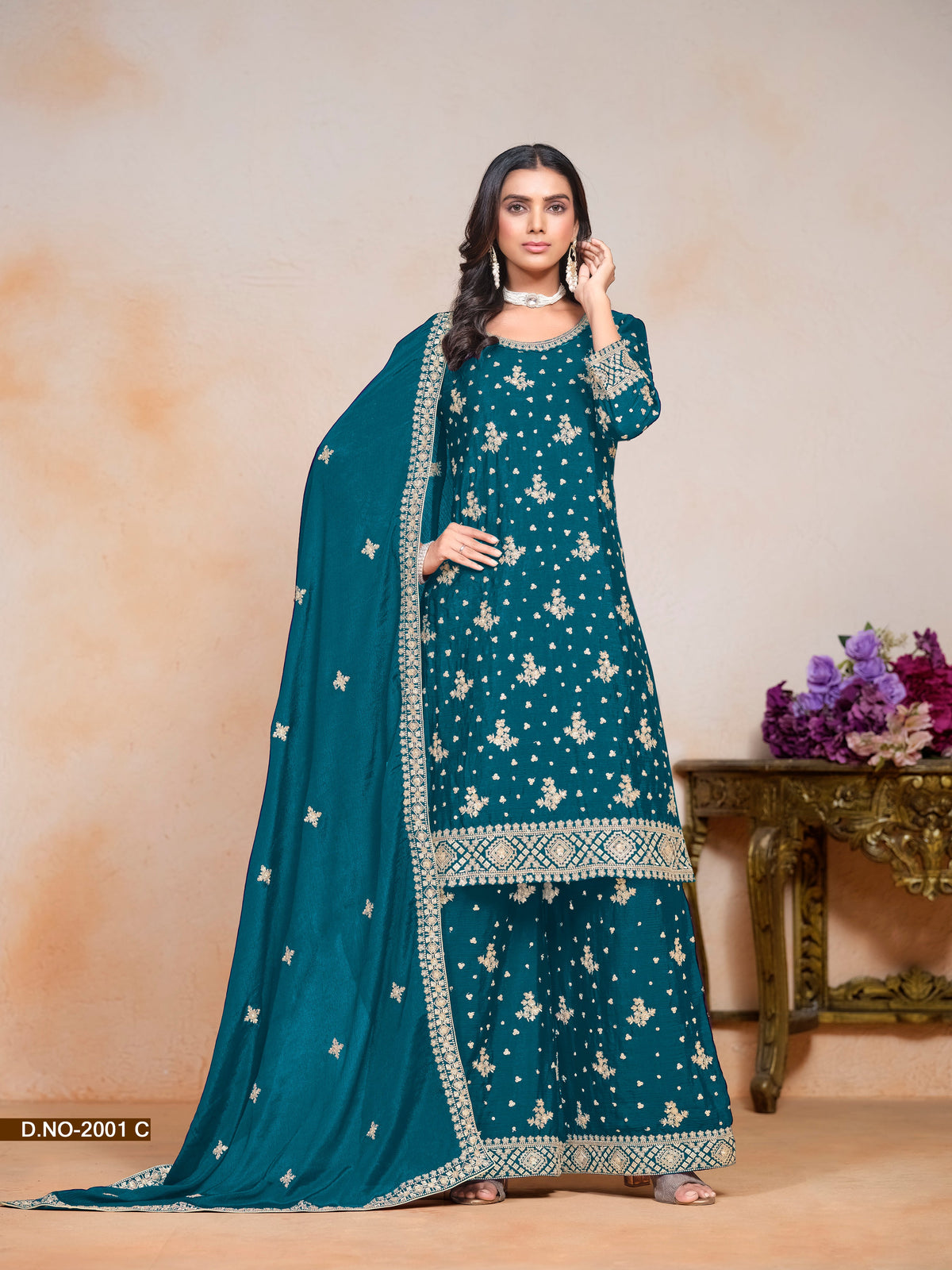 Teal Chinon Sequins Embroidered  Kurti With Pant Dupatta